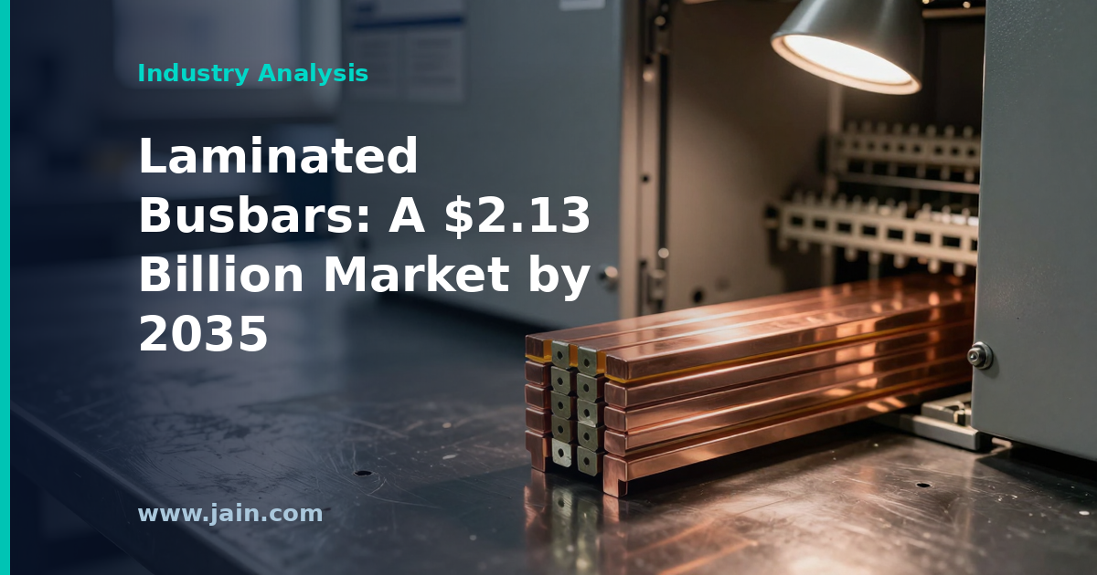 Stacked copper conductors of a laminated busbar in a power distribution cabinet, illustrating market growth to 2035