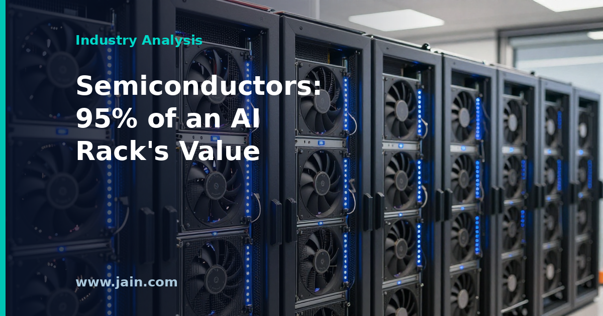 AI data server rack with semiconductors highlighted as 95% of its value across the chip stack