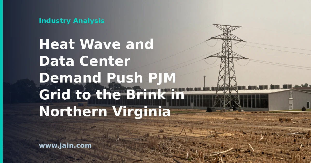 High-voltage transmission lines in heat haze beside Northern Virginia data centers straining the PJM power grid