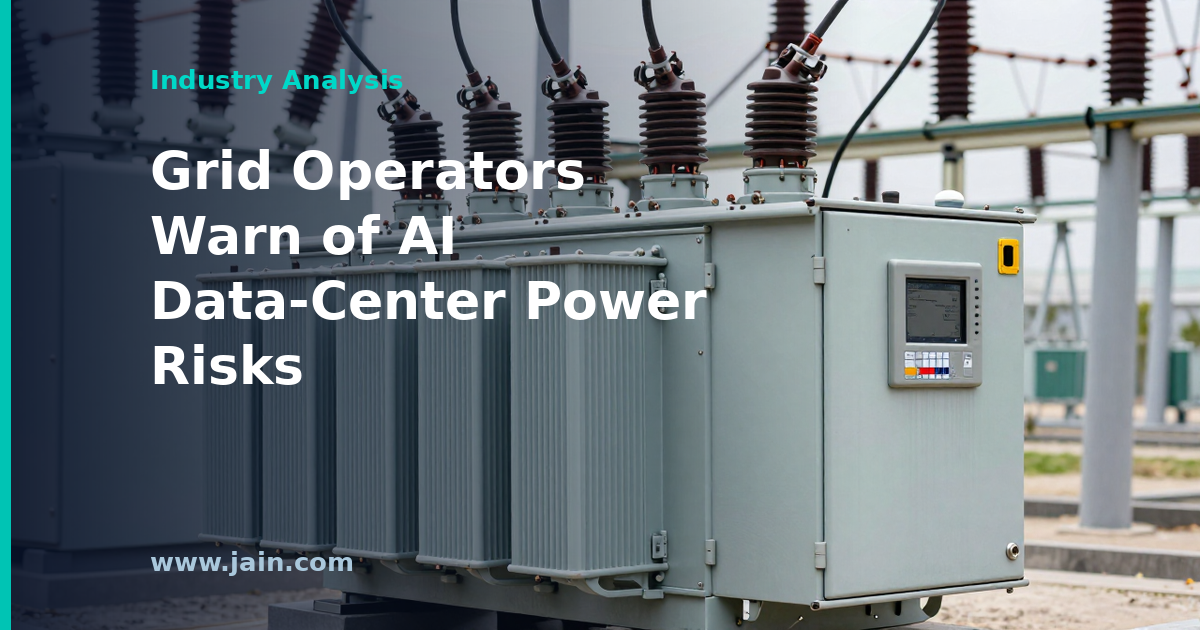 High-voltage transmission lines and a data center under a warning-tinted sky, illustrating AI data-center grid reliability risks