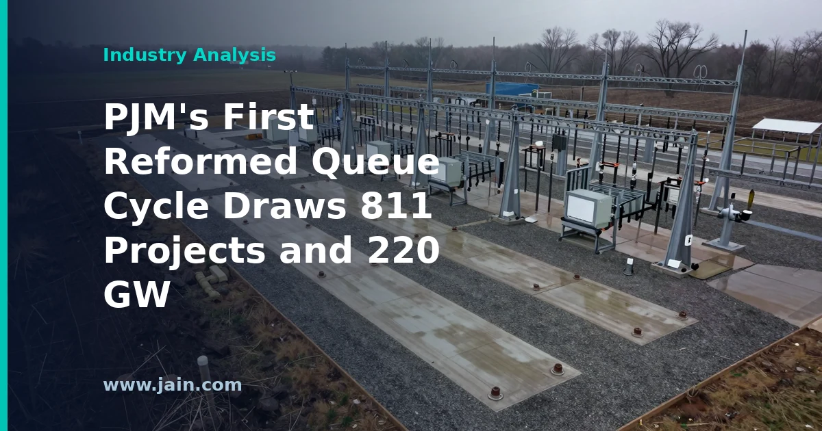 High-voltage transmission lines feeding data centers, illustrating PJM's 220 GW interconnection queue