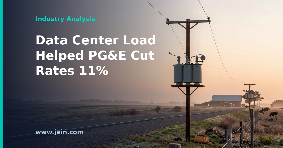 Aerial view of a data center under construction, illustrating PG&E large-load growth cutting electric rates