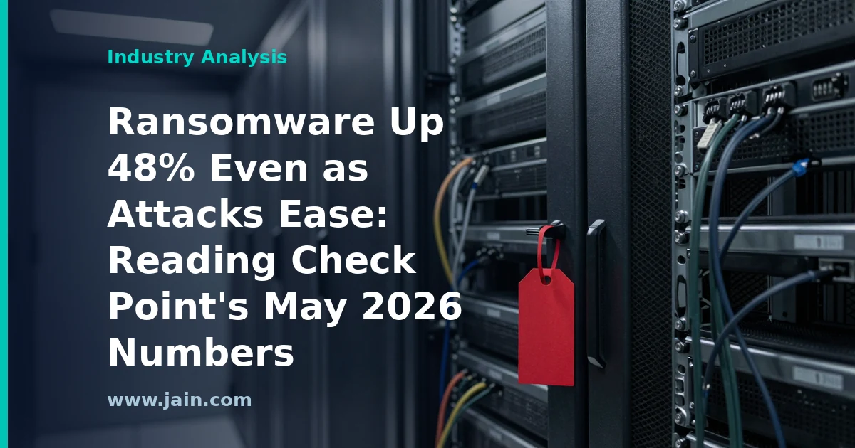 Ransomware surge concept: red warning glow over server racks amid May 2026 cyberattack data