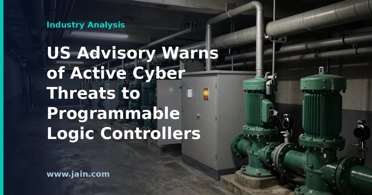 Programmable logic controller in an industrial control cabinet, illustrating active cyber threats to OT systems