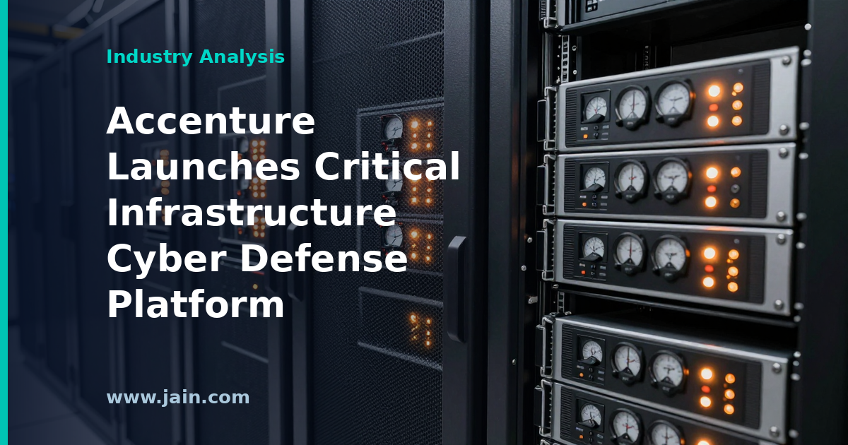 Shield overlaying power grid and data center icons, representing Accenture's critical infrastructure cybersecurity platform