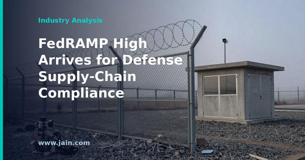 FedRAMP High cloud security shield over a layered defense supply chain of prime and subcontractor data