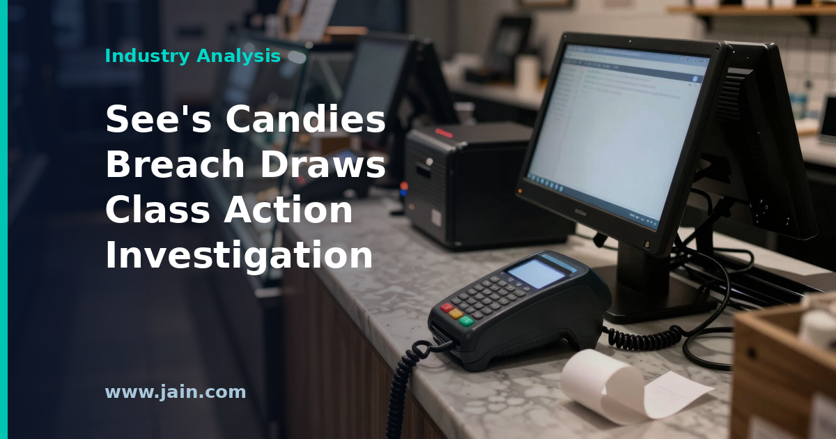 See's Candies data breach concept: chocolate shop counter with a digital padlock overlay signaling ransomware and class action risk