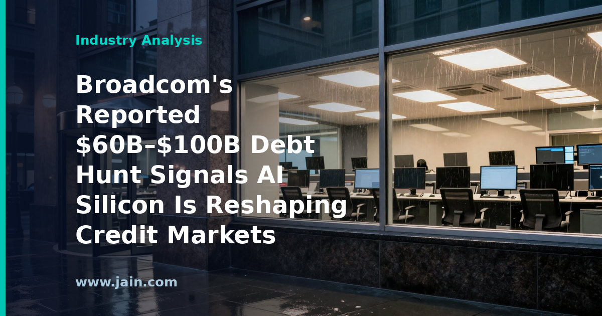 Broadcom AI chip over a backdrop of bond certificates symbolizing $100B debt financing