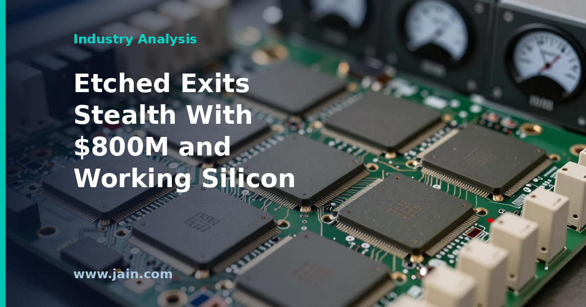 Specialized AI inference chip on a circuit board, representing Etched's $800M challenge to GPU economics