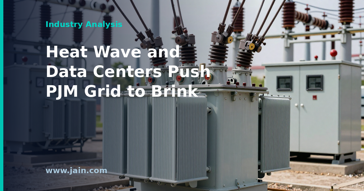High-voltage transmission lines in heat haze beside Northern Virginia data centers straining the PJM power grid