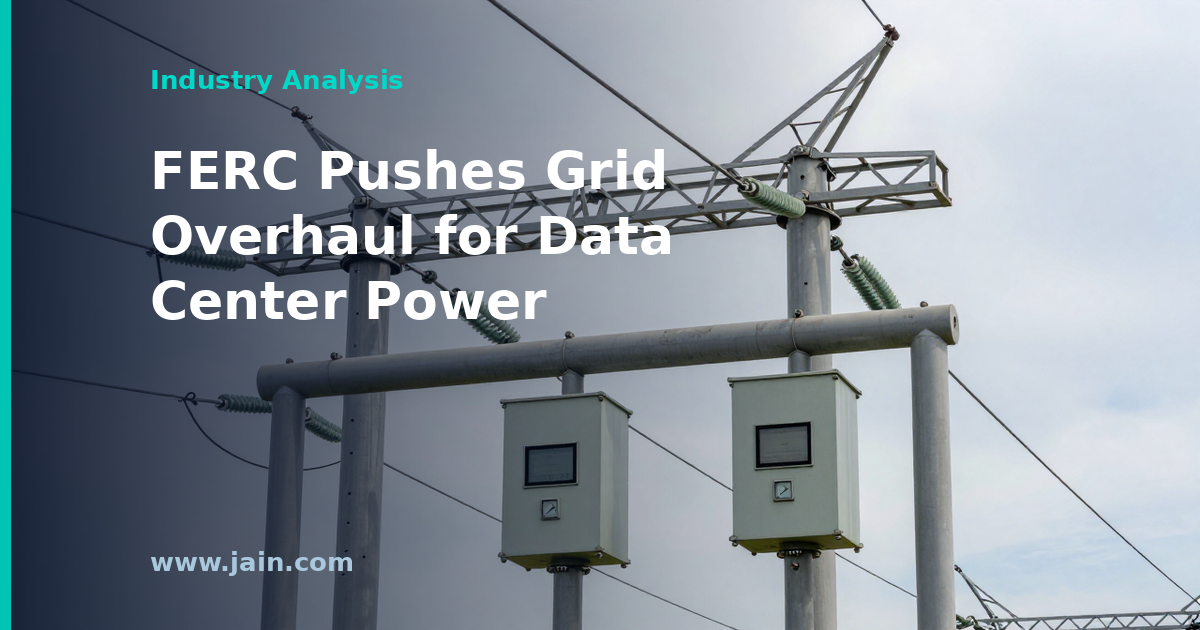 High-voltage transmission lines feeding a data center campus, symbolizing FERC data center power rules