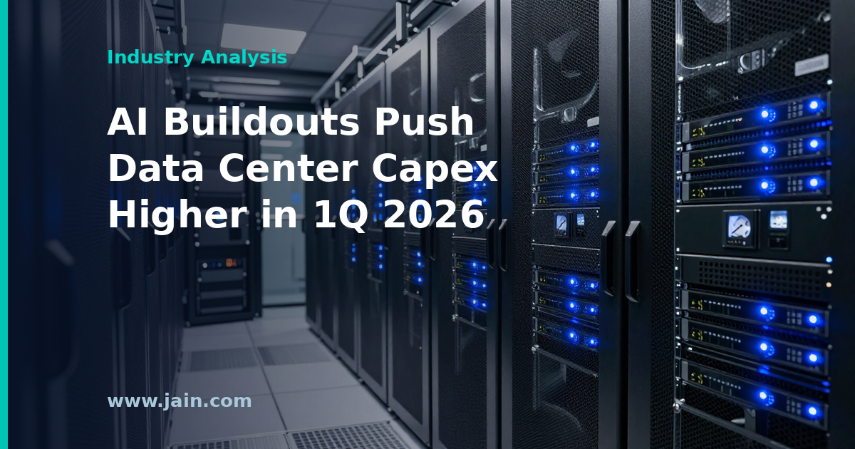Rows of AI server racks in a modern data center, illustrating rising data center capex in 1Q 2026