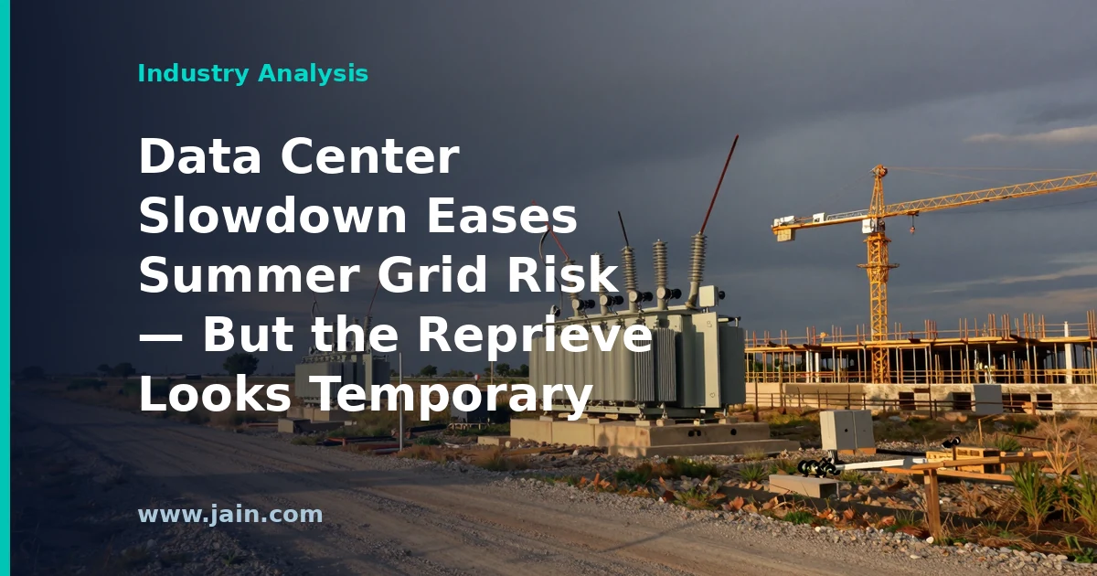 Power transmission lines beside a data center under construction at dusk, summer grid reliability theme