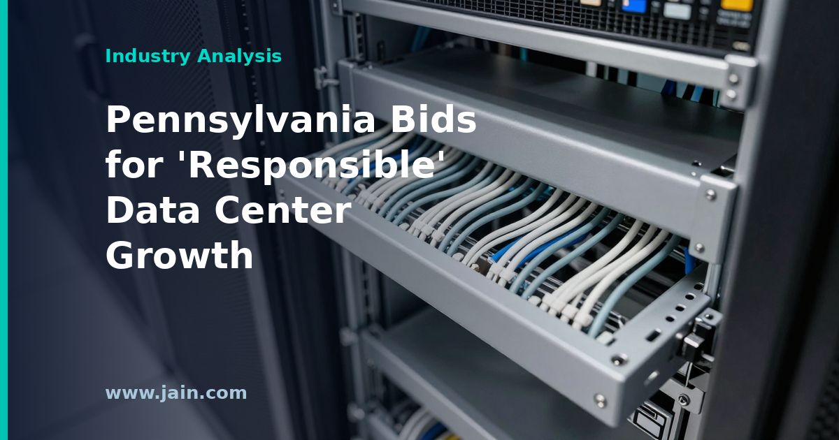 Pennsylvania capitol dome with data center servers and power lines, illustrating responsible data center development policy