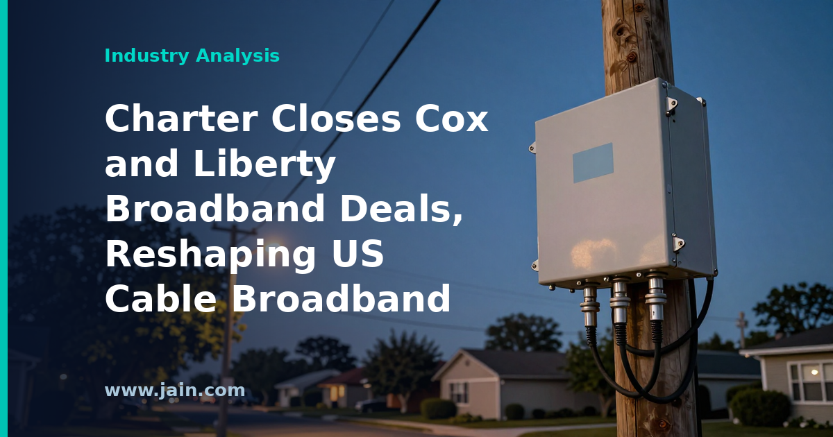 Fiber and coaxial broadband network cables converging, symbolizing Charter's Cox and Liberty Broadband consolidation