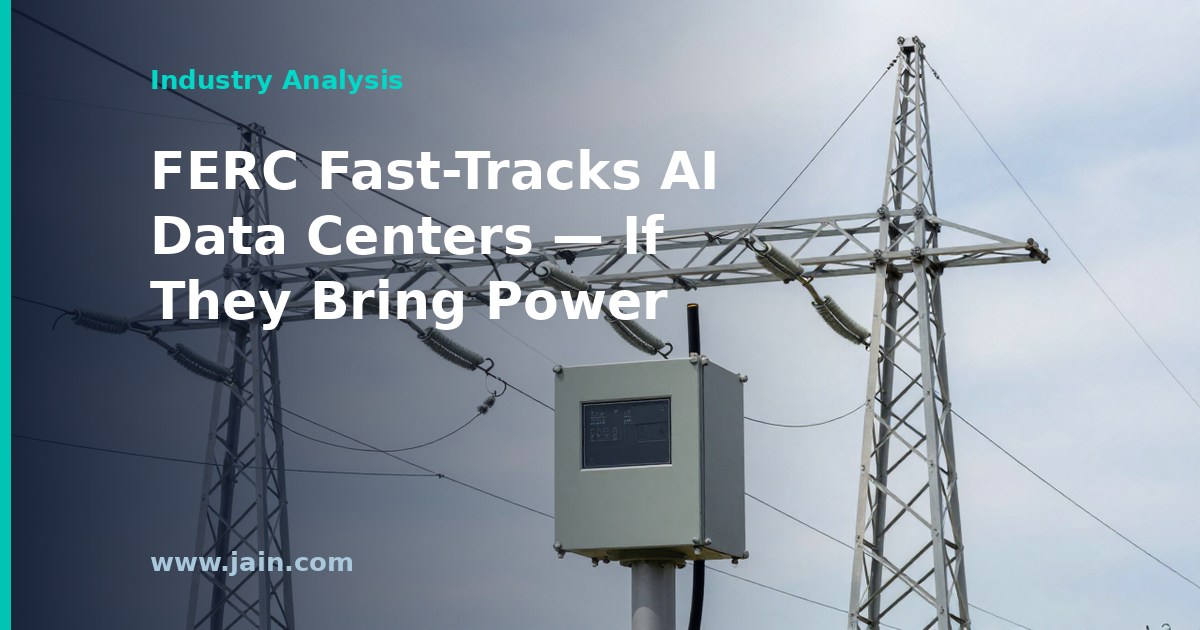High-voltage transmission lines feeding an AI data center campus under FERC grid interconnection rules