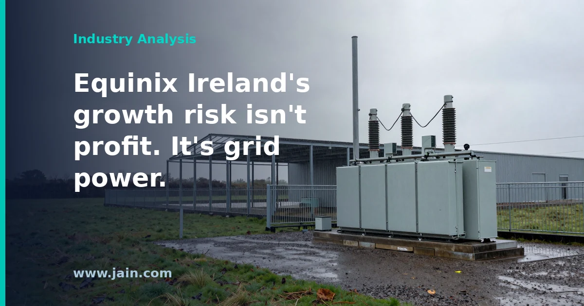 Equinix data centre in Dublin beside high-voltage power lines, illustrating Equinix Ireland's 36% pre-tax profit drop and grid risk