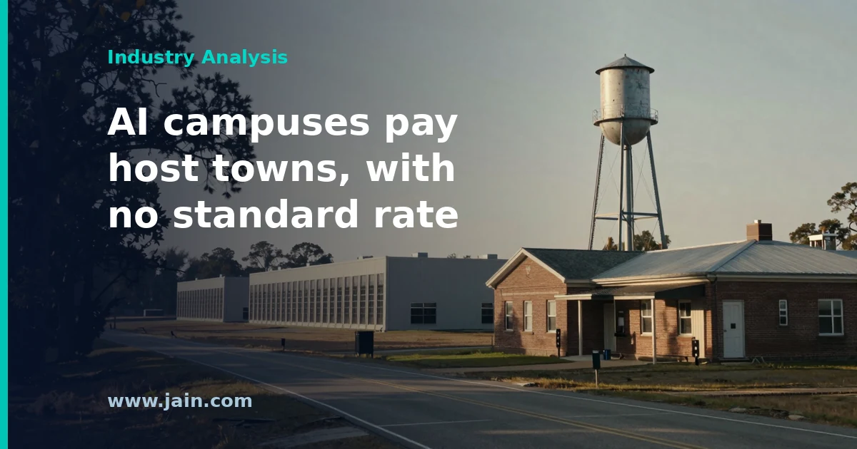 Small-town main street near a large AI data center campus, illustrating Applied Digital's $4 million Boyce community benefit deal