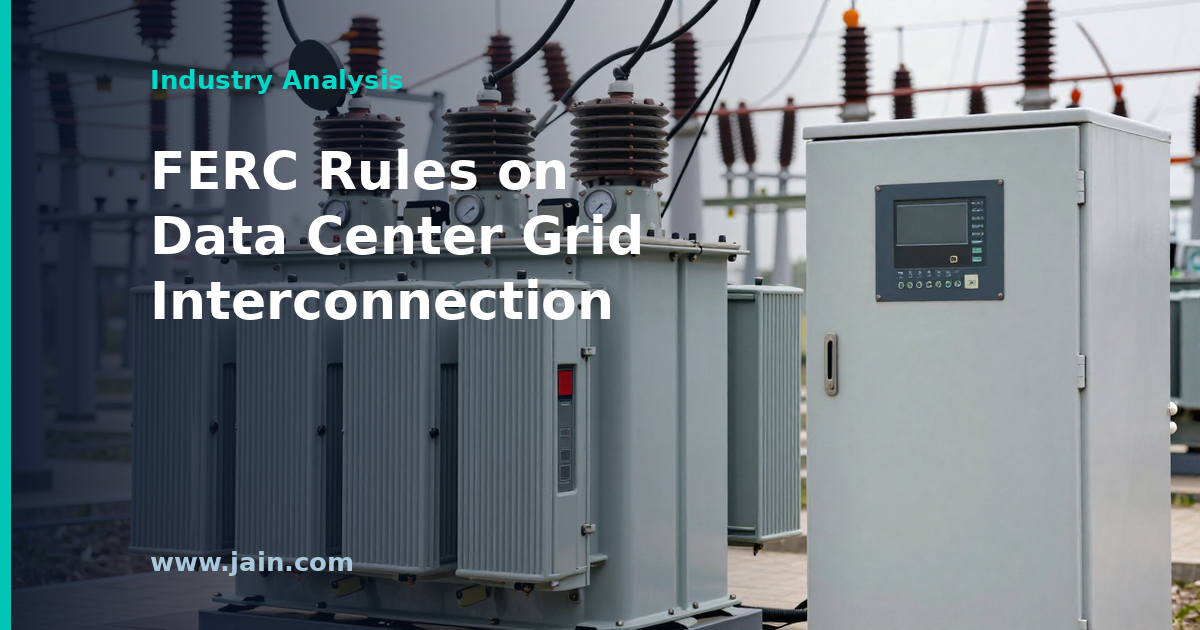 High-voltage transmission lines feeding a large data center campus, illustrating FERC's data center interconnection decision