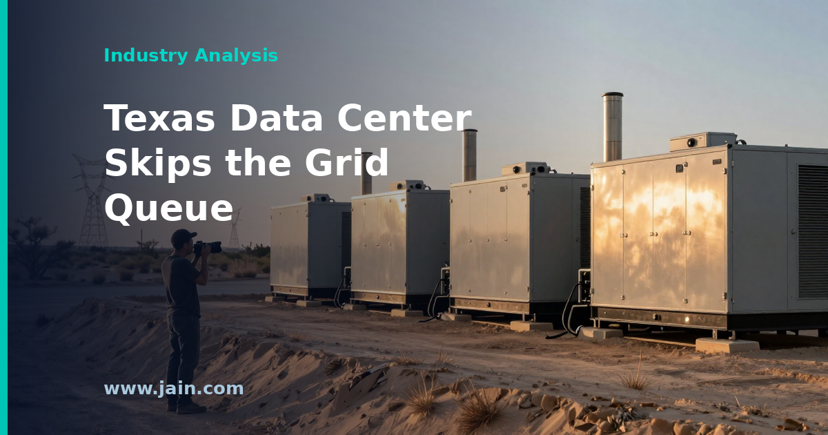 On-site power generation beside a Texas data center, showing behind-the-meter supply amid grid interconnection delays