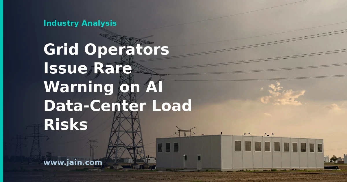 High-voltage transmission lines and a data center under a warning-tinted sky, illustrating AI data-center grid reliability risks