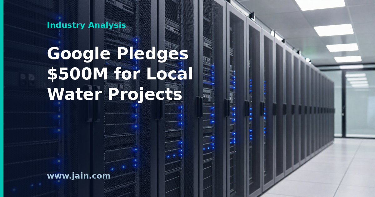 Google data center cooling towers beside a river, symbolizing the $500M local water projects pledge
