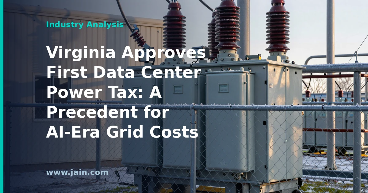 Data center power tax concept: Virginia data center rows beside high-voltage transmission lines