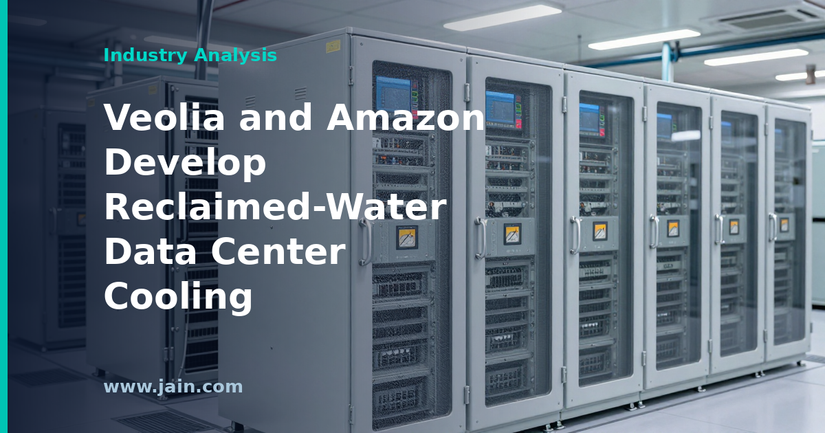 Reclaimed water pipes supplying a data center cooling system, illustrating the Veolia and Amazon partnership