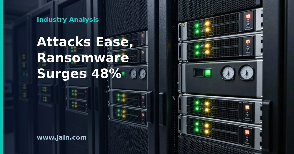 Ransomware surge concept: red warning glow over server racks amid May 2026 cyberattack data