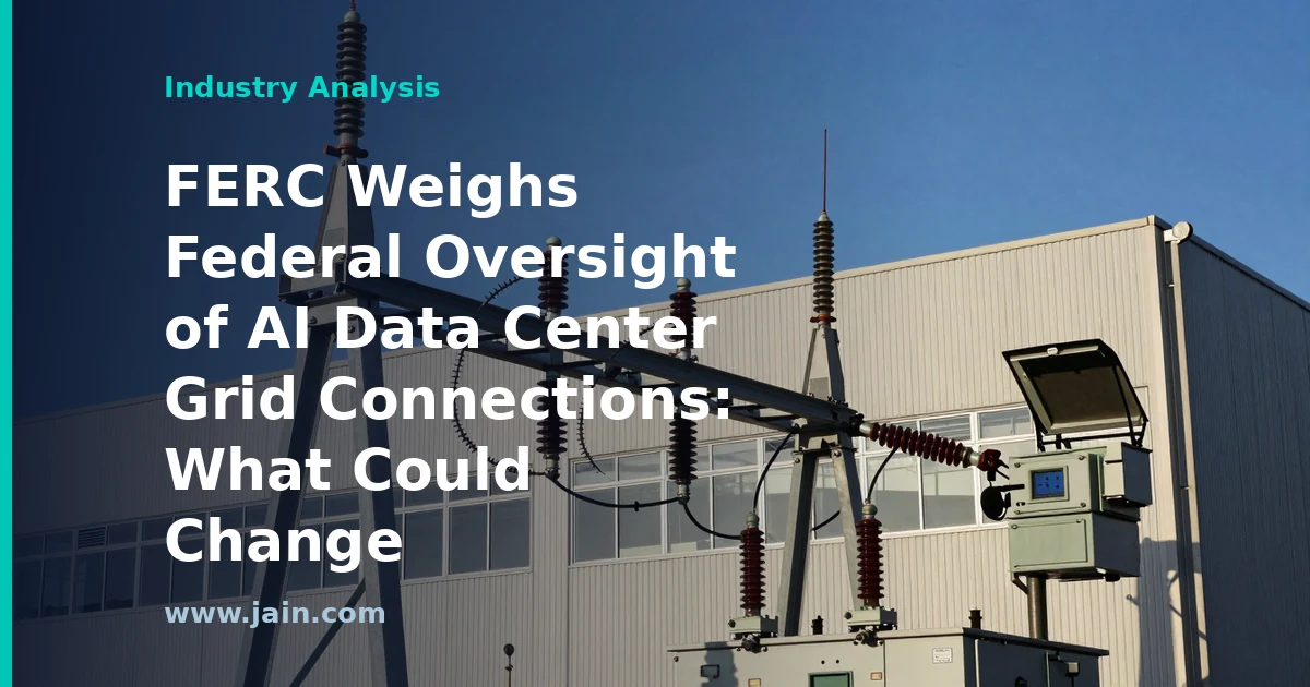 High-voltage transmission lines feeding an AI data center campus under FERC grid connection review