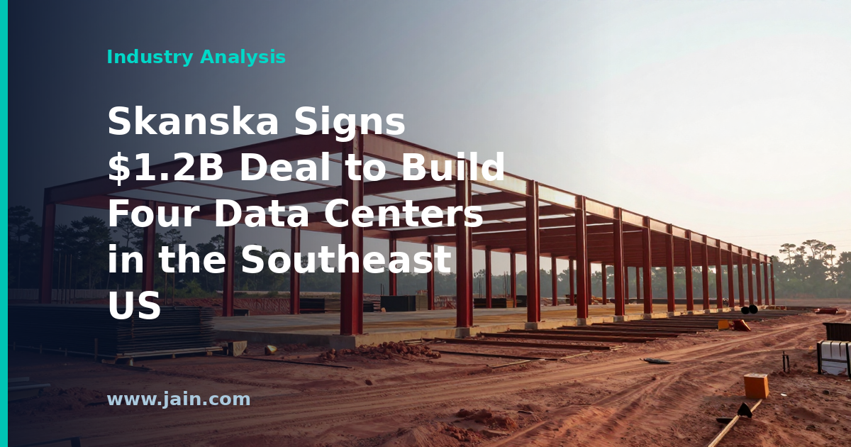 Four large data center buildings under construction in the southeast US with cranes on site
